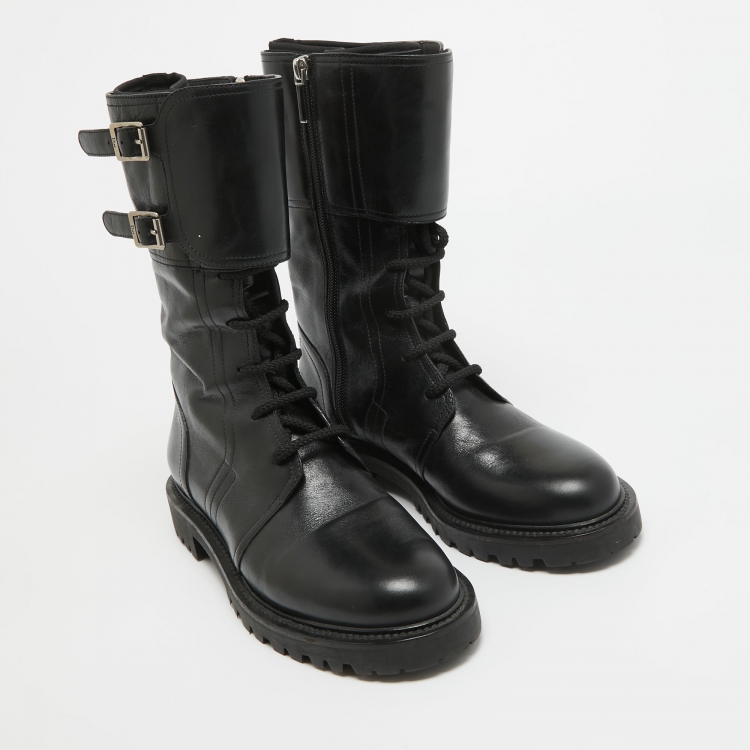 Pre Owned Dior Black Leather Buckle Detail Combat Boots Size 38