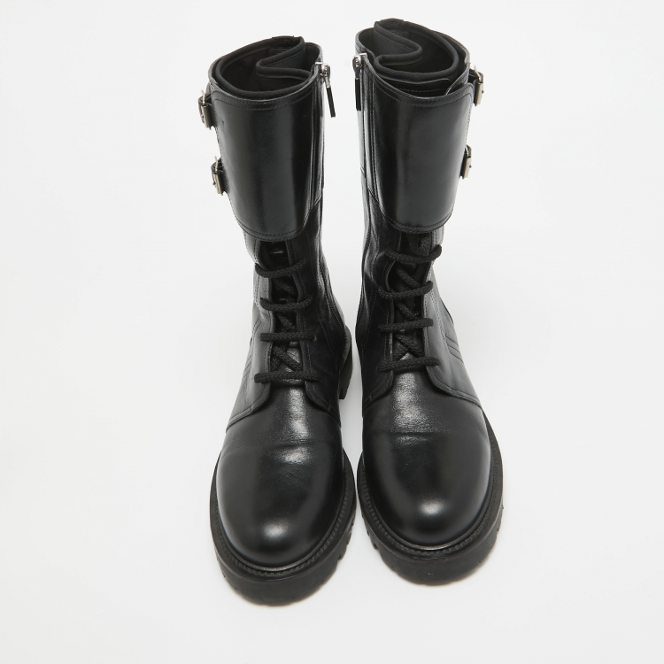 Pre Owned Dior Black Leather Buckle Detail Combat Boots Size 38