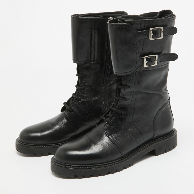 Pre Owned Dior Black Leather Buckle Detail Combat Boots Size 38