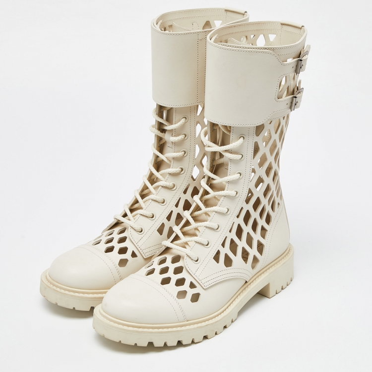 Pre Owned Dior White Cut Out Leather Buckle Details Mid Calf Boots Size 39.5