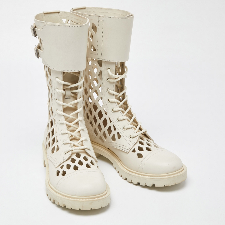 Pre Owned Dior White Cut Out Leather Buckle Details Mid Calf Boots Size 39.5