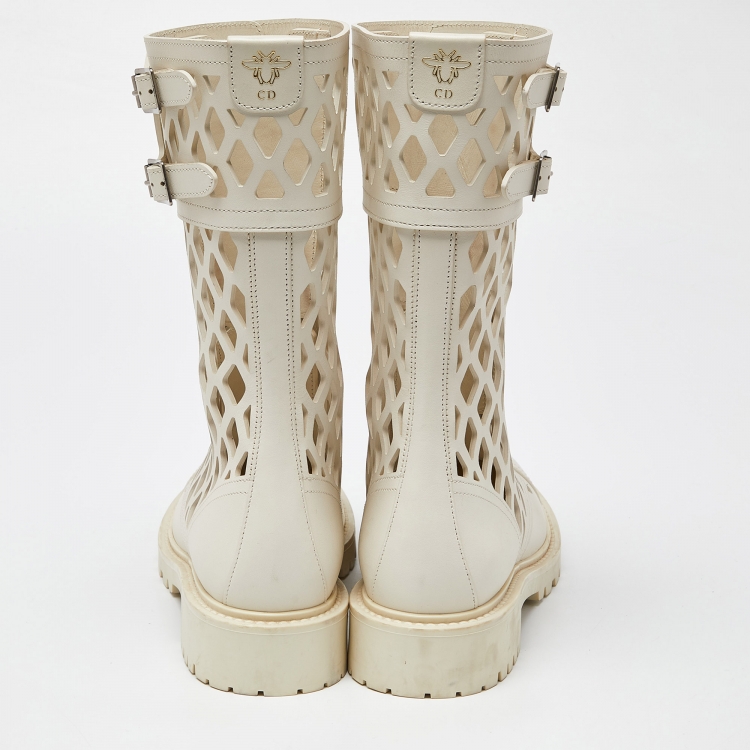 Pre Owned Dior White Cut Out Leather Buckle Details Mid Calf Boots Size 39.5