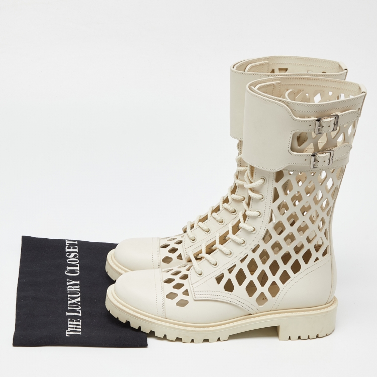 Pre Owned Dior White Cut Out Leather Buckle Details Mid Calf Boots Size 39.5