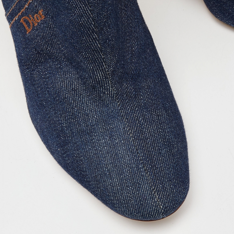 Pre Owned Dior Blue Denim Cube Block Heel Ankle Booties Size 37.5