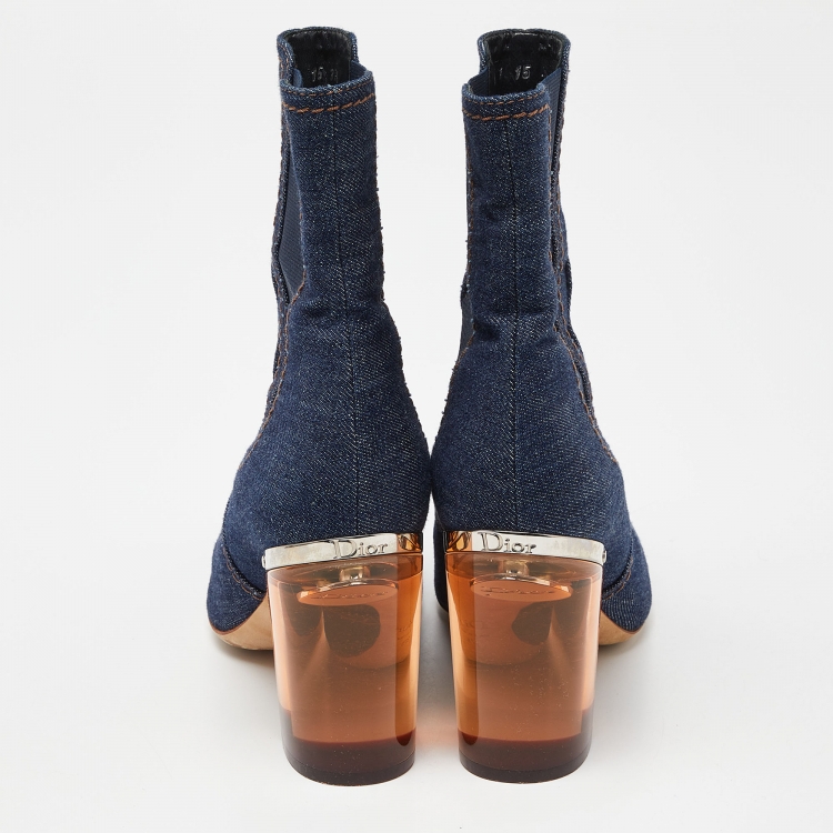 Pre Owned Dior Blue Denim Cube Block Heel Ankle Booties Size 37.5