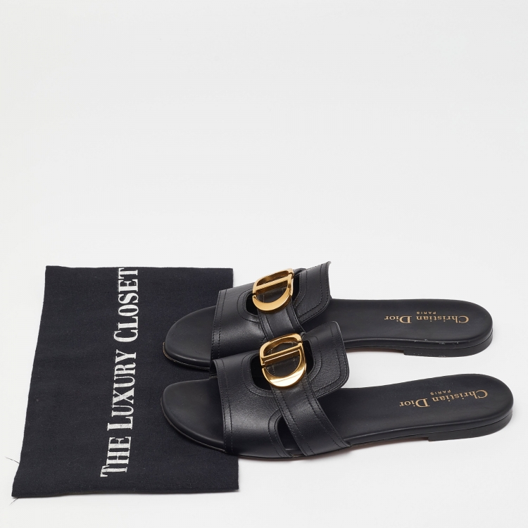 Pre Owned Dior Black Leather 30 Montaigne Flat Slides Size 38