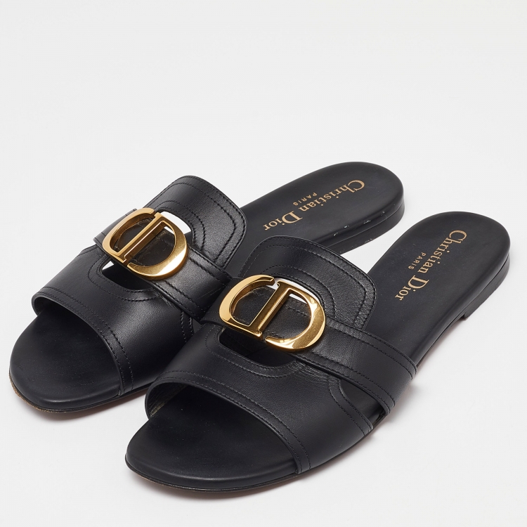 Pre Owned Dior Black Leather 30 Montaigne Flat Slides Size 38