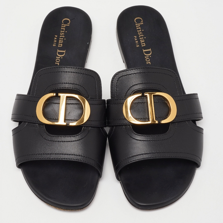 Pre Owned Dior Black Leather 30 Montaigne Flat Slides Size 38