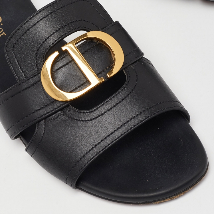 Pre Owned Dior Black Leather 30 Montaigne Flat Slides Size 38