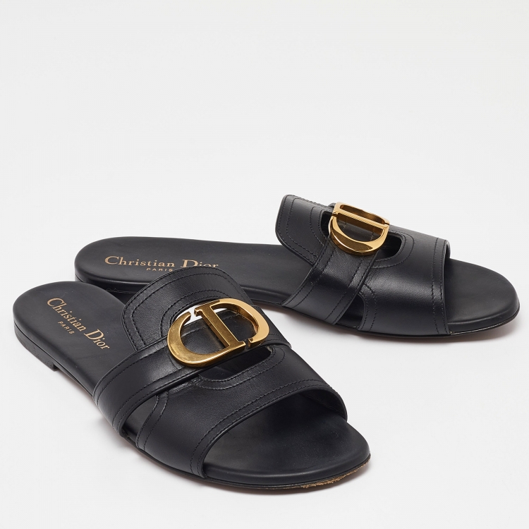 Pre Owned Dior Black Leather 30 Montaigne Flat Slides Size 38