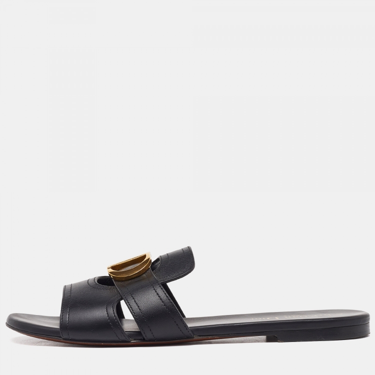 Pre Owned Dior Black Leather 30 Montaigne Flat Slides Size 38