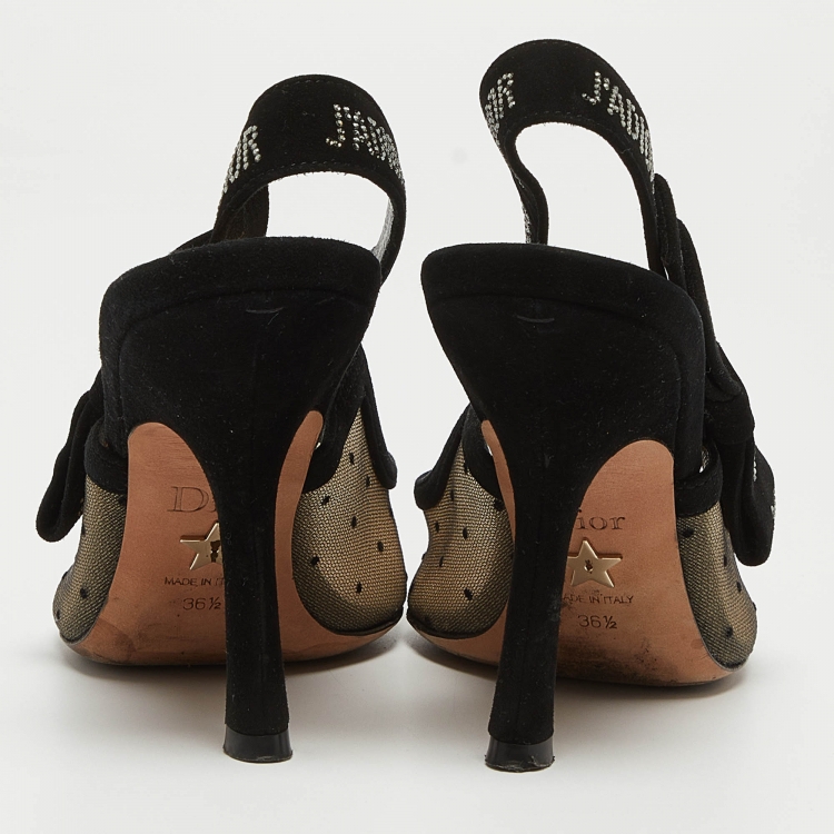 Pre Owned Dior Black Polka Dot Mesh and Suede J'adior Slingback Pumps Size 36.5