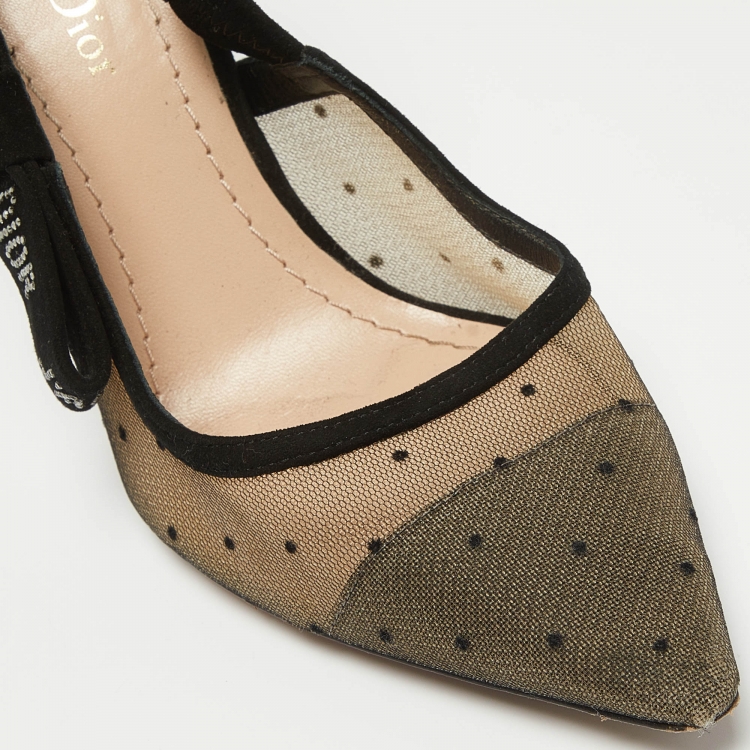 Pre Owned Dior Black Polka Dot Mesh and Suede J'adior Slingback Pumps Size 36.5