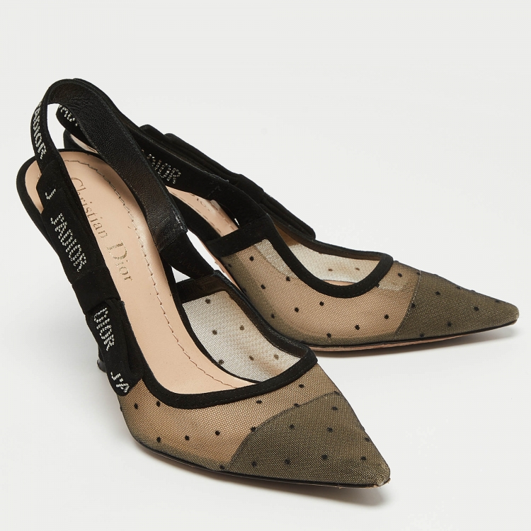 Pre Owned Dior Black Polka Dot Mesh and Suede J'adior Slingback Pumps Size 36.5