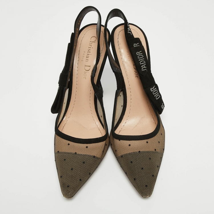 Pre Owned Dior Black Polka Dot Mesh and Suede J'adior Slingback Pumps Size 36.5