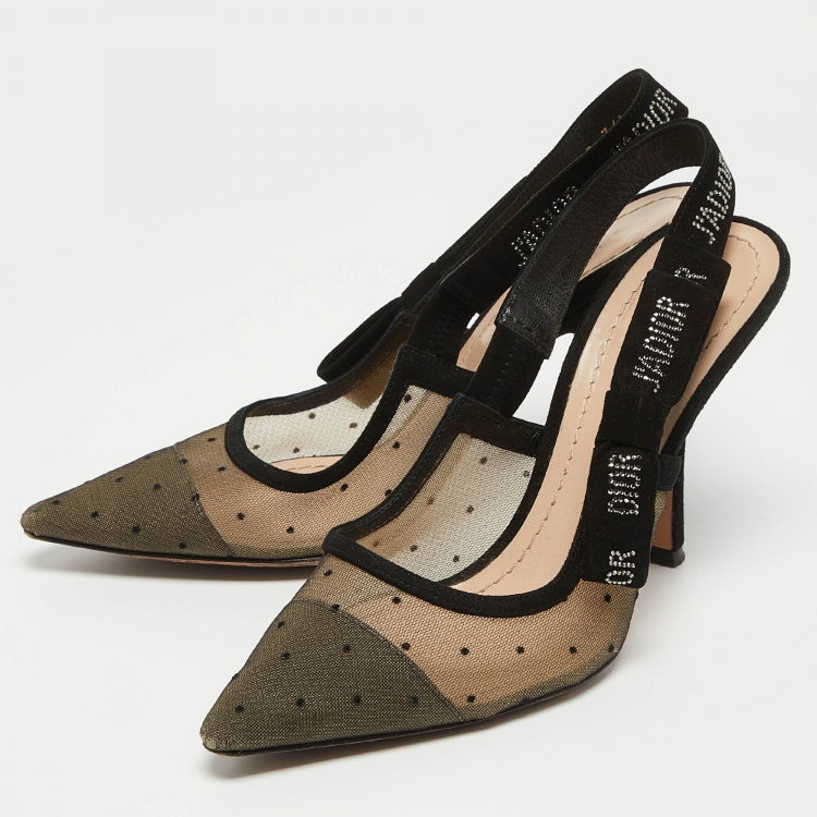 Pre Owned Dior Black Polka Dot Mesh and Suede J'adior Slingback Pumps Size 36.5