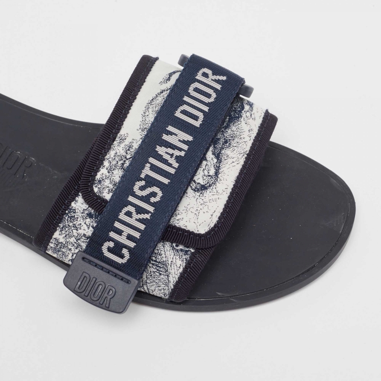 Pre Owned Dior Navy Blue/White Printed Fabric Dio(r)evolution Slides Size 39
