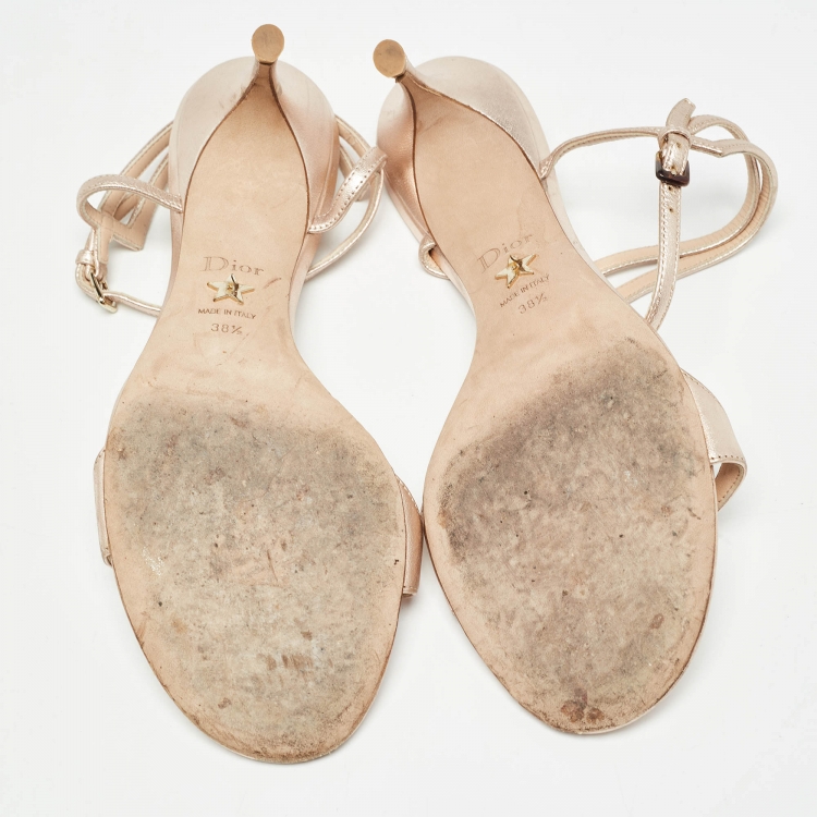 Pre Owned Dior Rose Gold Leather Ankle Strap Sandals Size 38.5