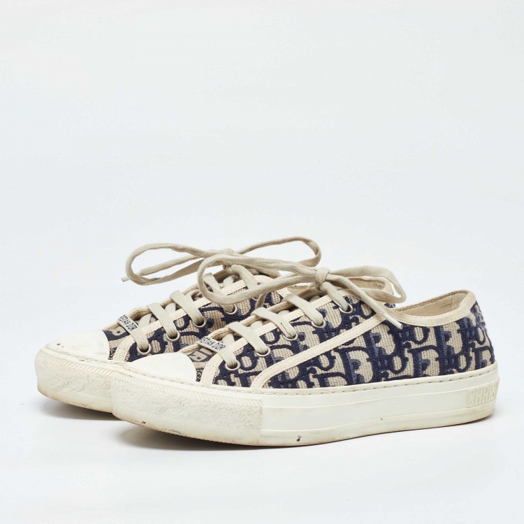 Pre Owned Dior Navy Blue/White Canvas and Rubber Walk'n'Dior Low Top Sneakers Size 36.5