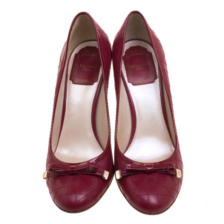 Pre Owned Dior Red Cannage Stitched Leather Bow Pumps Size 37.5
