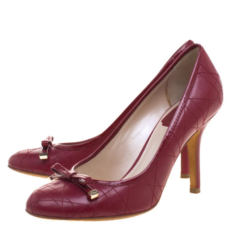 Pre Owned Dior Red Cannage Stitched Leather Bow Pumps Size 37.5