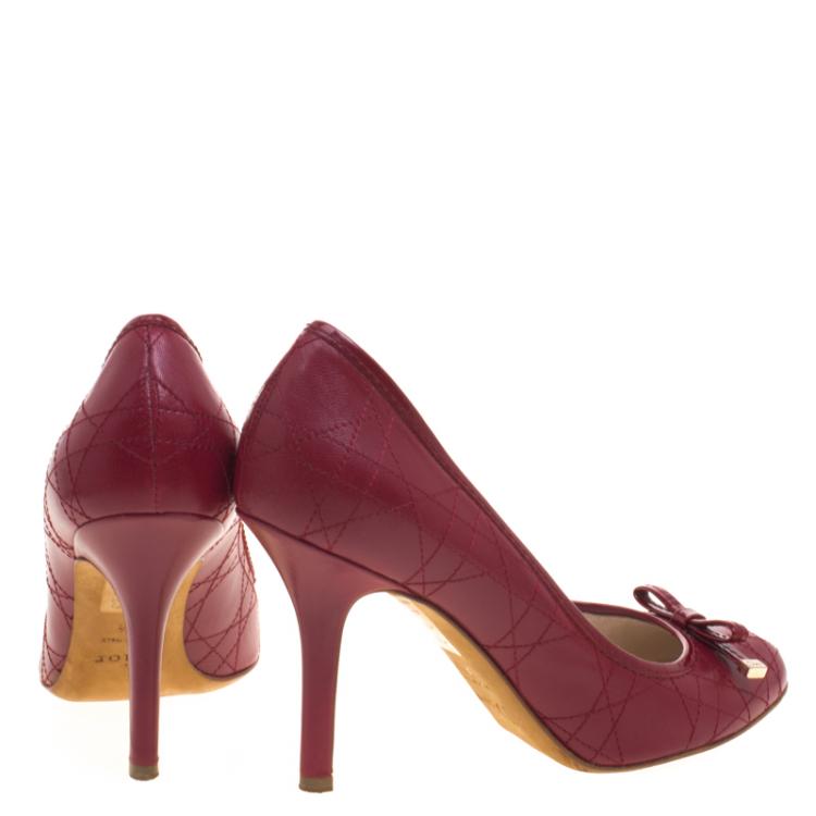 Pre Owned Dior Red Cannage Stitched Leather Bow Pumps Size 37.5