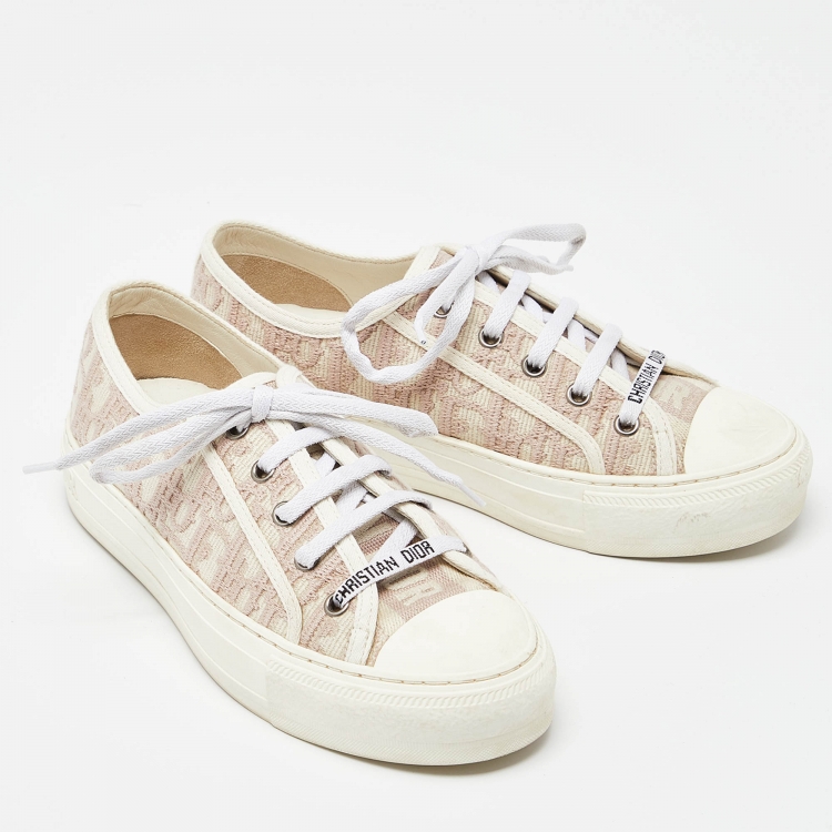 Pre Owned Dior White/Pink Rubber and Canvas Walk'n'Dior Low Top Sneakers Size 36.5
