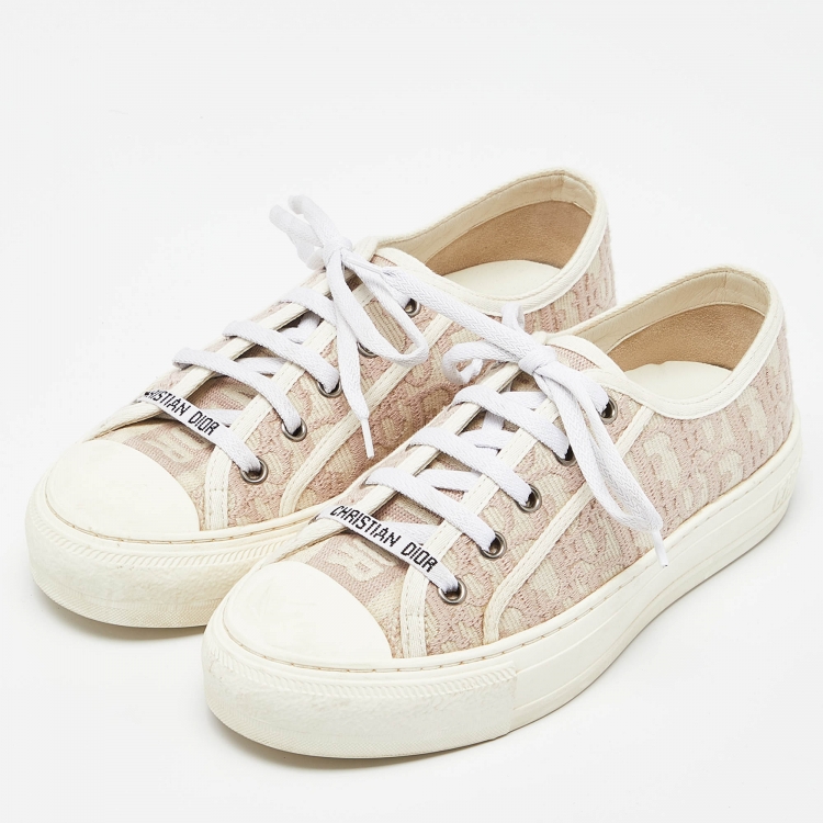 Pre Owned Dior White/Pink Rubber and Canvas Walk'n'Dior Low Top Sneakers Size 36.5