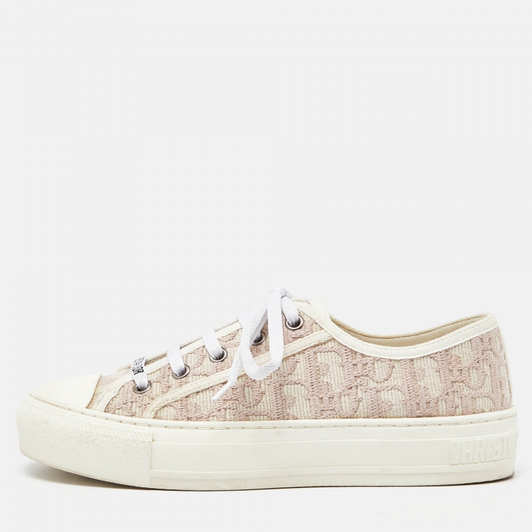 Pre Owned Dior White/Pink Rubber and Canvas Walk'n'Dior Low Top Sneakers Size 36.5