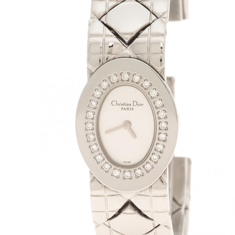 Pre Owned Dior Silver Stainless Steel Diamond Studded Lady Dior Women's Wristwatch 21 mm