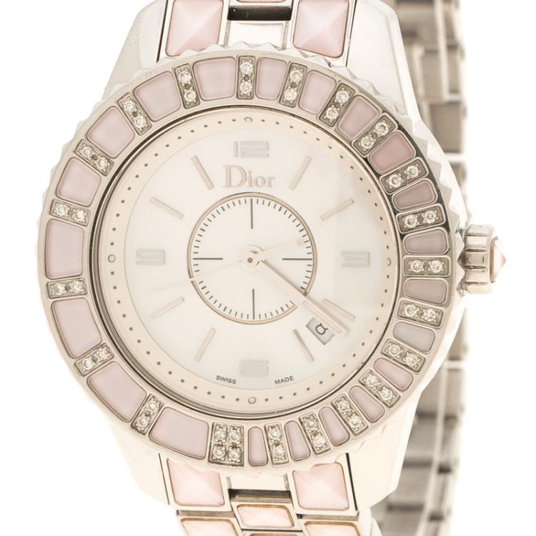 Pre Owned Dior Pink Mother of Pearl Diamond Studded Stainless Steel Christal Women's Wristwatch 33 mm