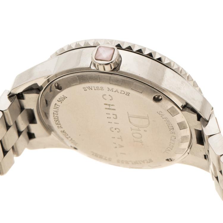 Pre Owned Dior Pink Mother of Pearl Diamond Studded Stainless Steel Christal Women's Wristwatch 33 mm