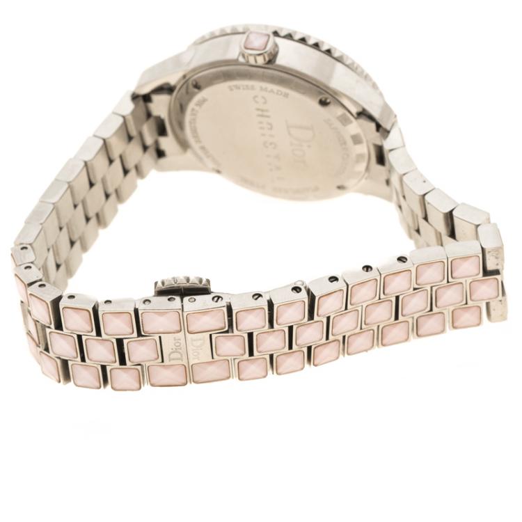 Pre Owned Dior Pink Mother of Pearl Diamond Studded Stainless Steel Christal Women's Wristwatch 33 mm