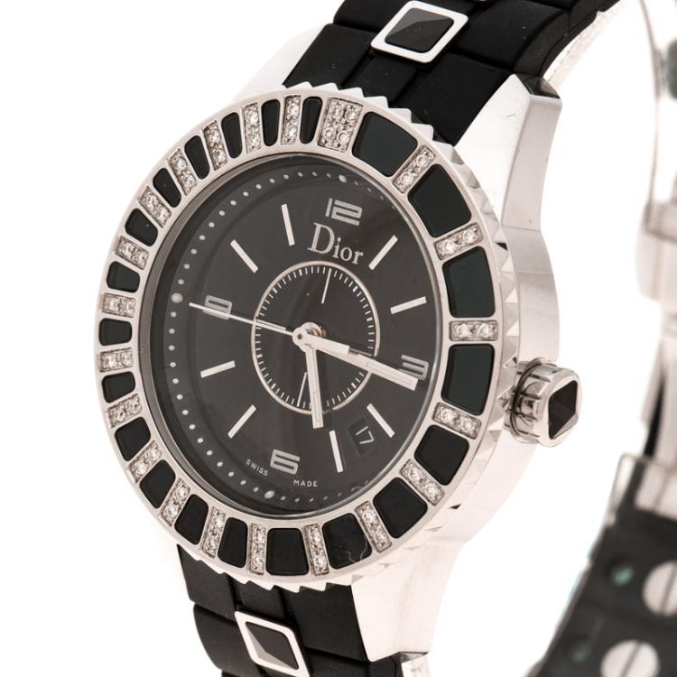 Pre Owned Dior Black Stainless Steel Christal CD113115 Women's Wristwatch 34 mm