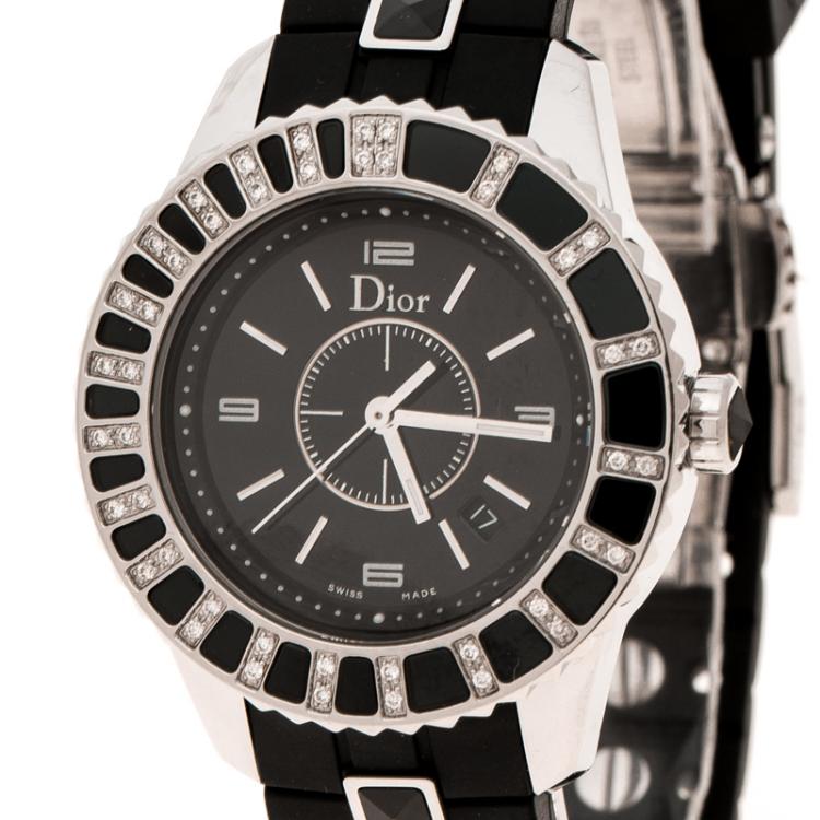 Pre Owned Dior Black Stainless Steel Christal CD113115 Women's Wristwatch 34 mm