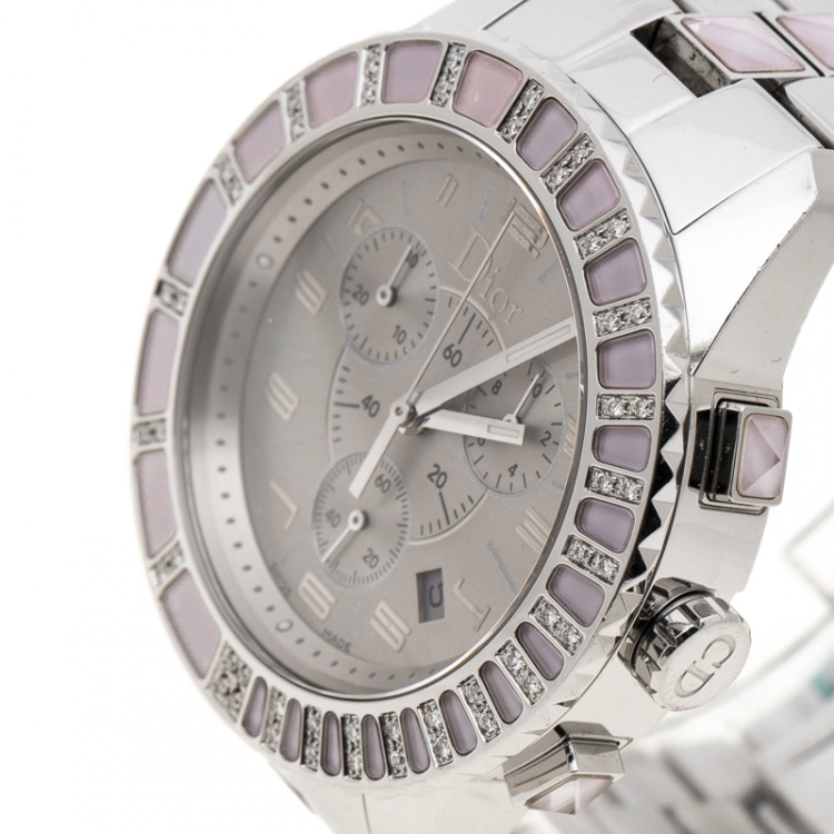 Pre Owned Dior Grey Stainless Steel Diamond Studded Pink Sapphire Stainless Steel Christal CD114315 Women's Wristwatch 39 mm