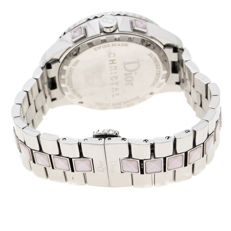 Pre Owned Dior Grey Stainless Steel Diamond Studded Pink Sapphire Stainless Steel Christal CD114315 Women's Wristwatch 39 mm