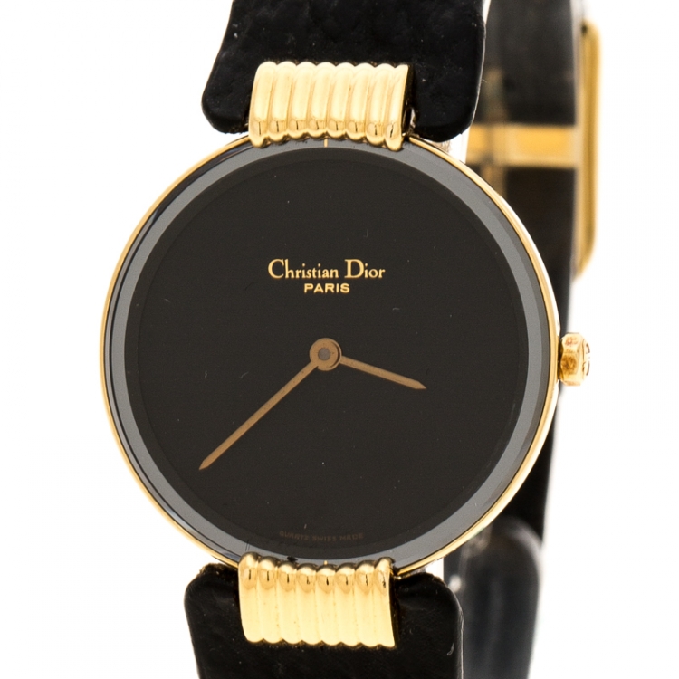 Pre Owned Christian Dior Black Gold Plated Bagira Black Moon 46 153-4 Women's Wristwatch 26 mm
