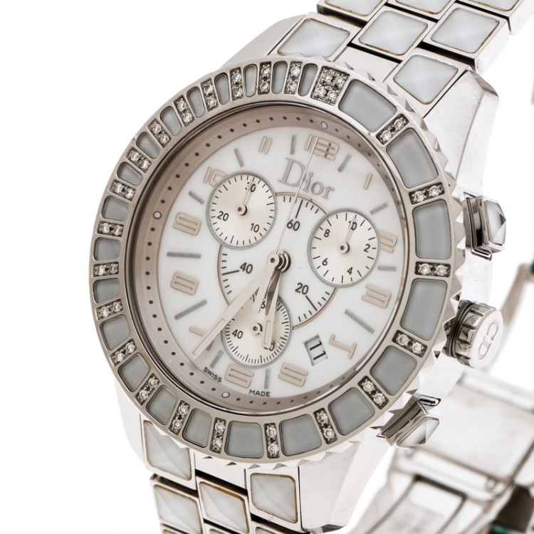Pre Owned Dior White Stainless Steel Christal CD114311 Women's Wristwatch 38 mm