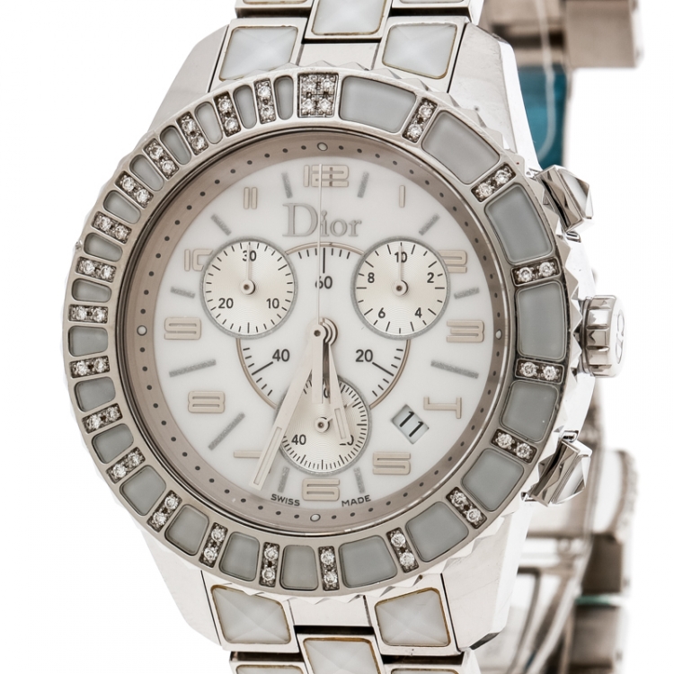 Pre Owned Dior White Stainless Steel Christal CD114311 Women's Wristwatch 38 mm