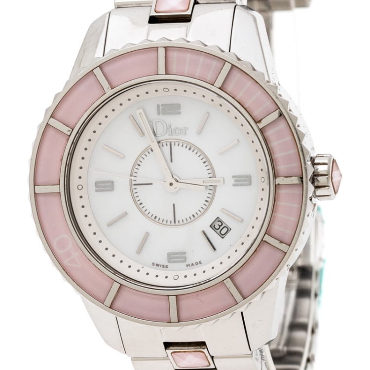 Pre Owned Dior Mother of Pearl Stainless Steel Christal CD113114 Women's Wristwatch 33 mm