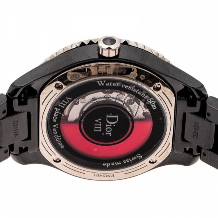 Pre Owned Dior Black 18K White Gold Ceramic VIII Vendome CD1235F2C001 Women's Wristwatch 33 mm