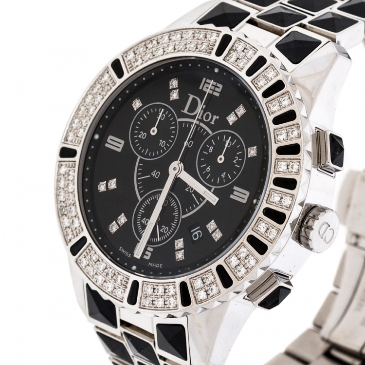 Pre Owned Dior Black Stainless Steel Diamonds Christal CD11431C Women's Wristwatch 38 mm