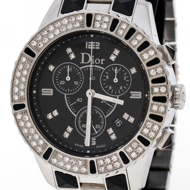Pre Owned Dior Black Stainless Steel Diamonds Christal CD11431C Women's Wristwatch 38 mm