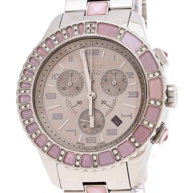 Pre Owned Dior Grey Stainless Steel Diamond Studded Pink Sapphire Stainless Steel Christal CD114315 Women's Wristwatch 39 mm
