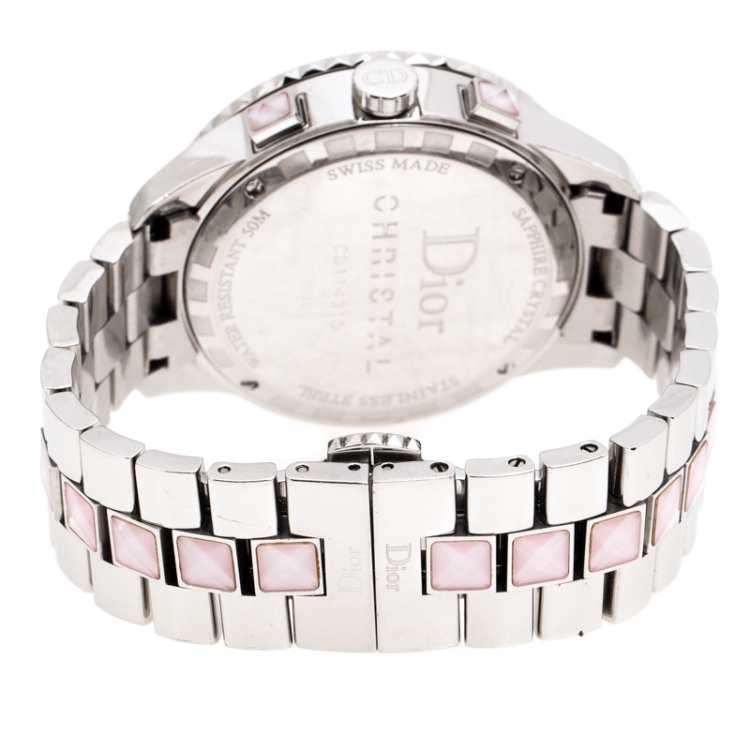 Pre Owned Dior Grey Stainless Steel Diamond Studded Pink Sapphire Stainless Steel Christal CD114315 Women's Wristwatch 39 mm