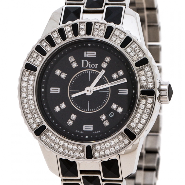 Pre Owned Dior Black Ceramic Stainless Steel Diamonds Christal CD11311B  WOmen's Wristwatch 33 mm