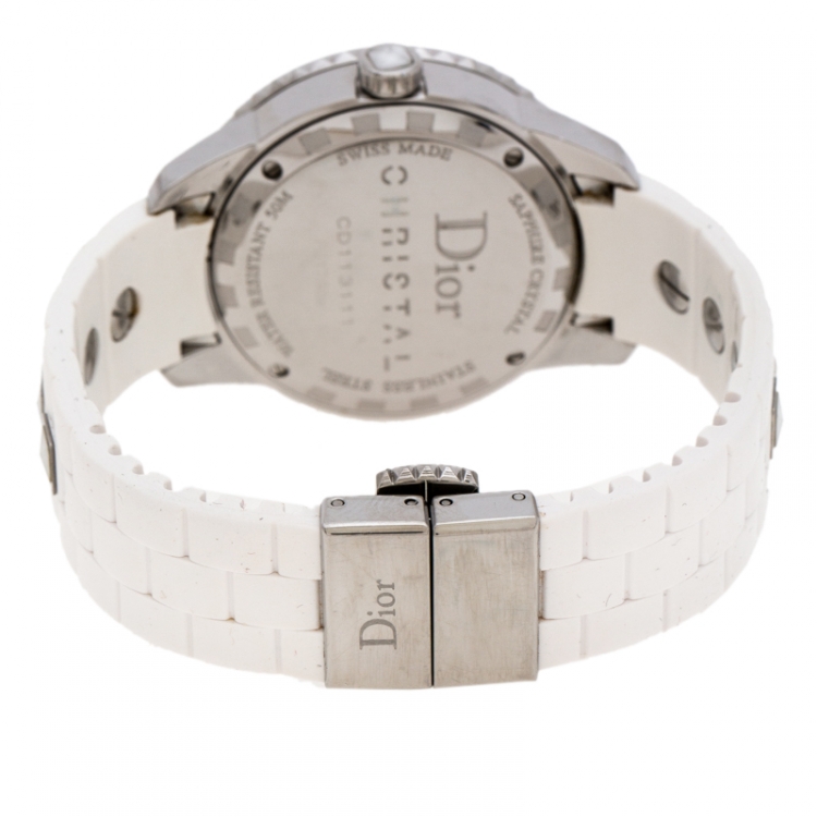 Pre Owned Dior White Stainless Steel Rubber Christal CD113111 Women's Wristwatch 33 mm