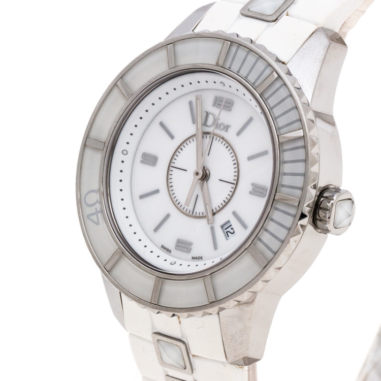 Pre Owned Dior White Stainless Steel Rubber Christal CD113111 Women's Wristwatch 33 mm
