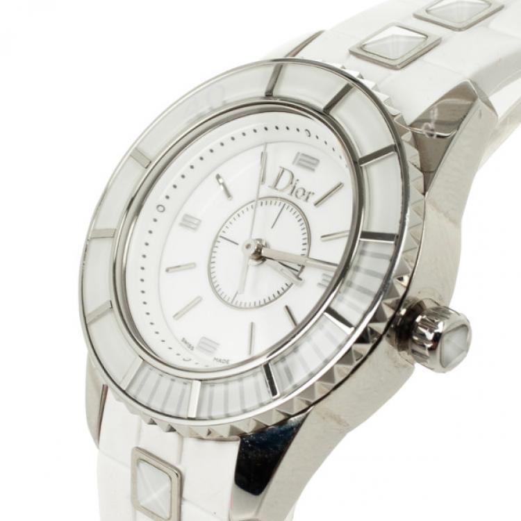 Pre Owned Christian Dior Christal SS Ceramic White Womens Wristwatch 28 MM
